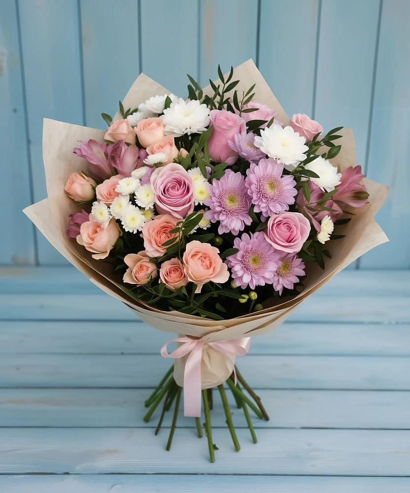 Букет цветов из: Хризантемы, Розы и Альстромерии в Сергиевское