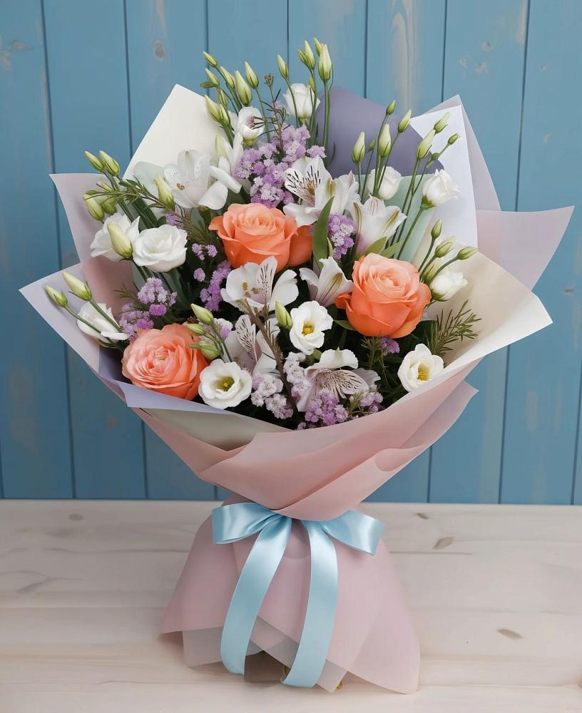 Букет цветов из: Лизиантусы, Розы, Альстромерии и Гипсофила в Сергиевское
