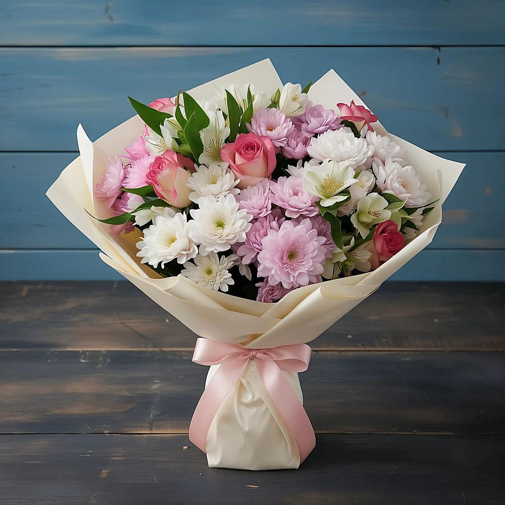 Букет цветов из: Хризантемы, Альстромерии и Розы в Сергиевское